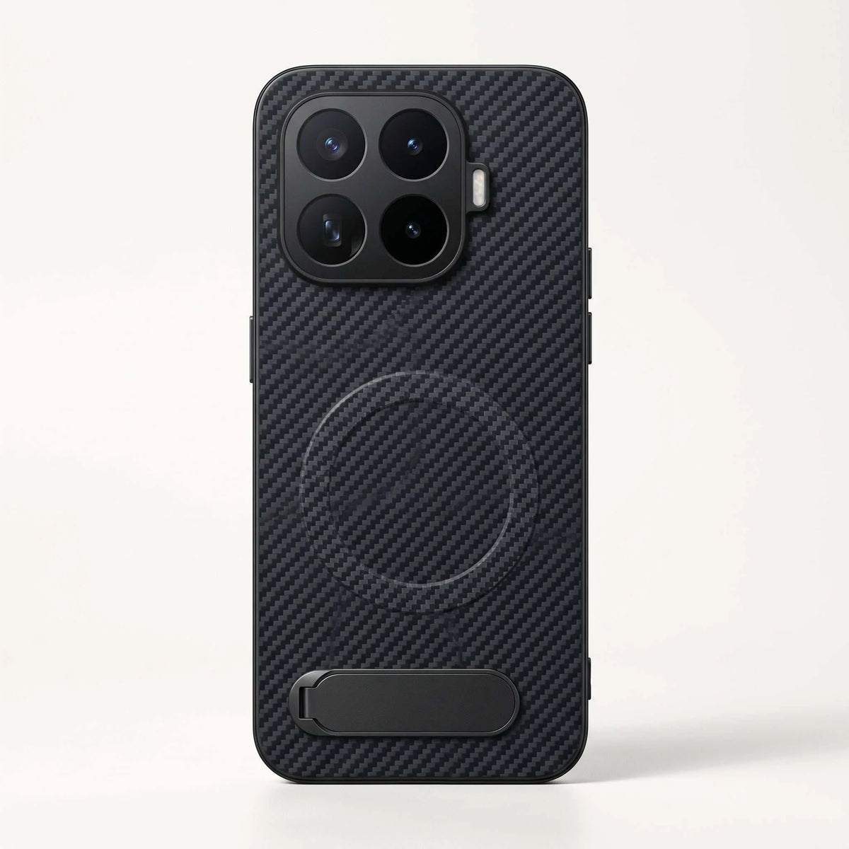 Xiaomi Textured Magnetic Bracket Phone Case in black with a carbon-fibre-style crosshatch texture, magnetic ring and fold-out stand