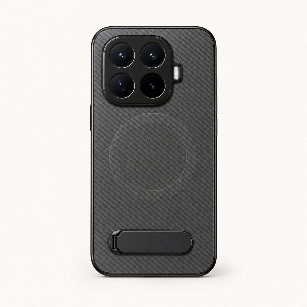 Xiaomi Textured Magnetic Bracket Phone Case in dark gray with a woven-look crosshatch finish, raised camera edges and folding stand