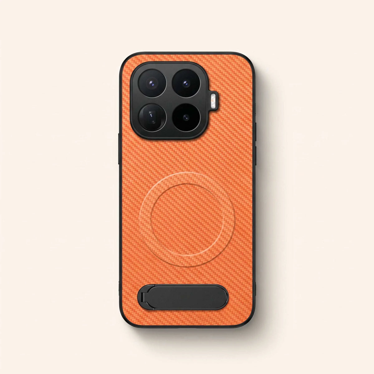 Xiaomi Textured Magnetic Bracket Phone Case in bright orange with a woven crosshatch finish, circular magnetic ring and black kickstand