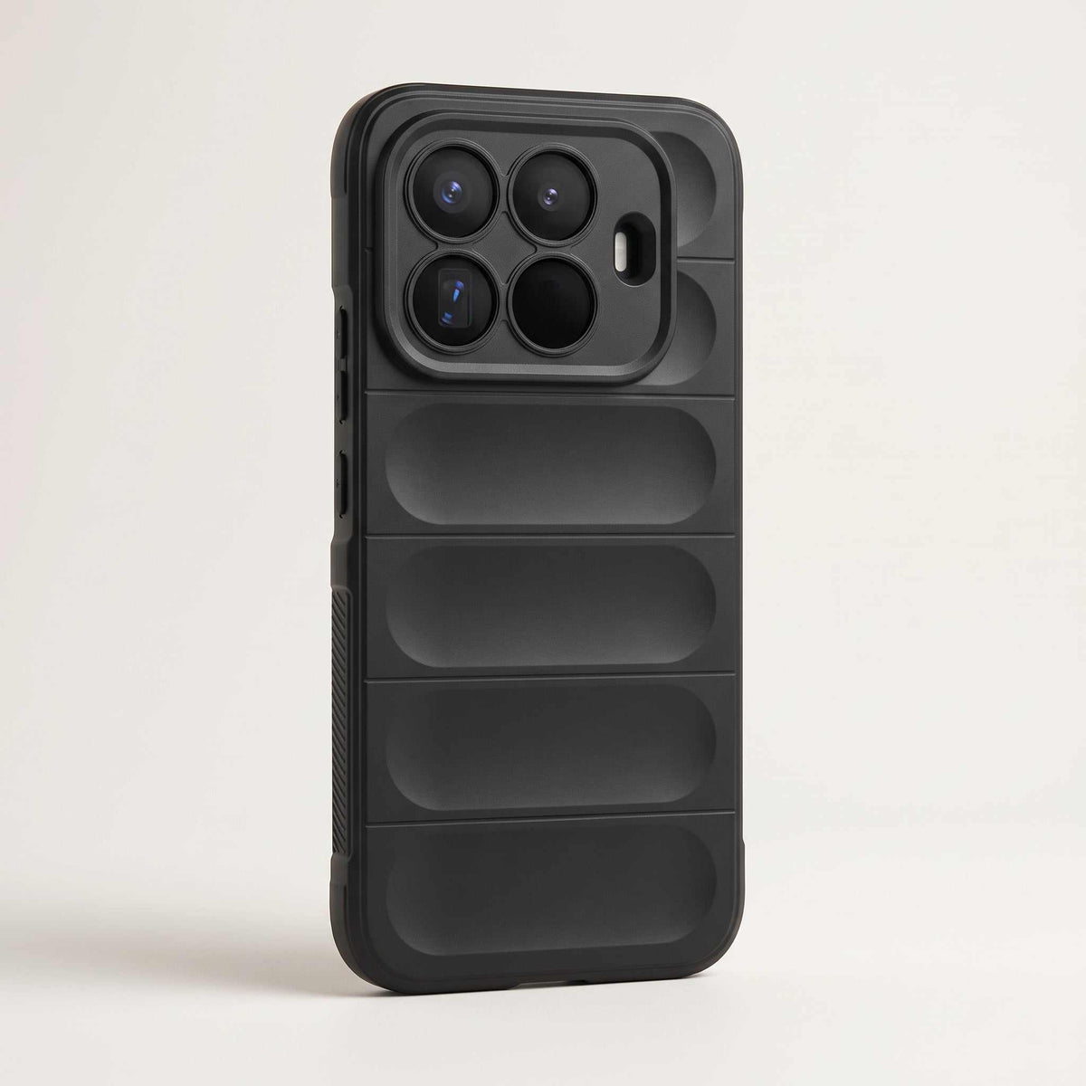 Xiaomi Textured Soft Phone Case in black with a soft matte finish, raised horizontal panels, and a protective camera rim